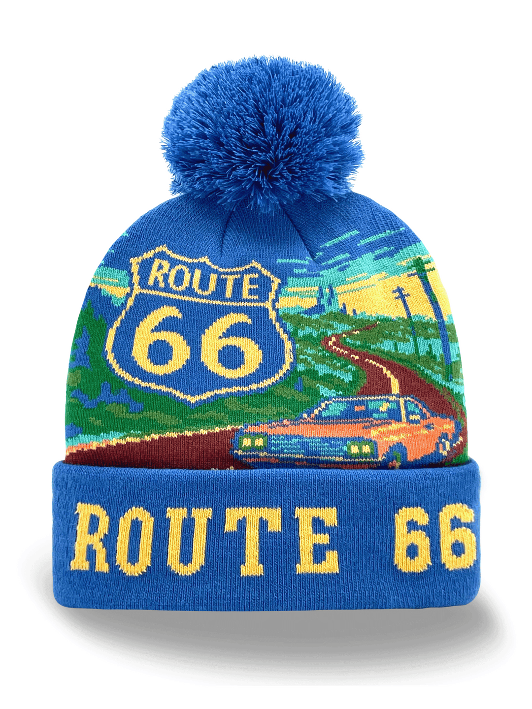 Retro Route 66 Highway Adventure Car Travel Pom Pom Winter Beanie Hat