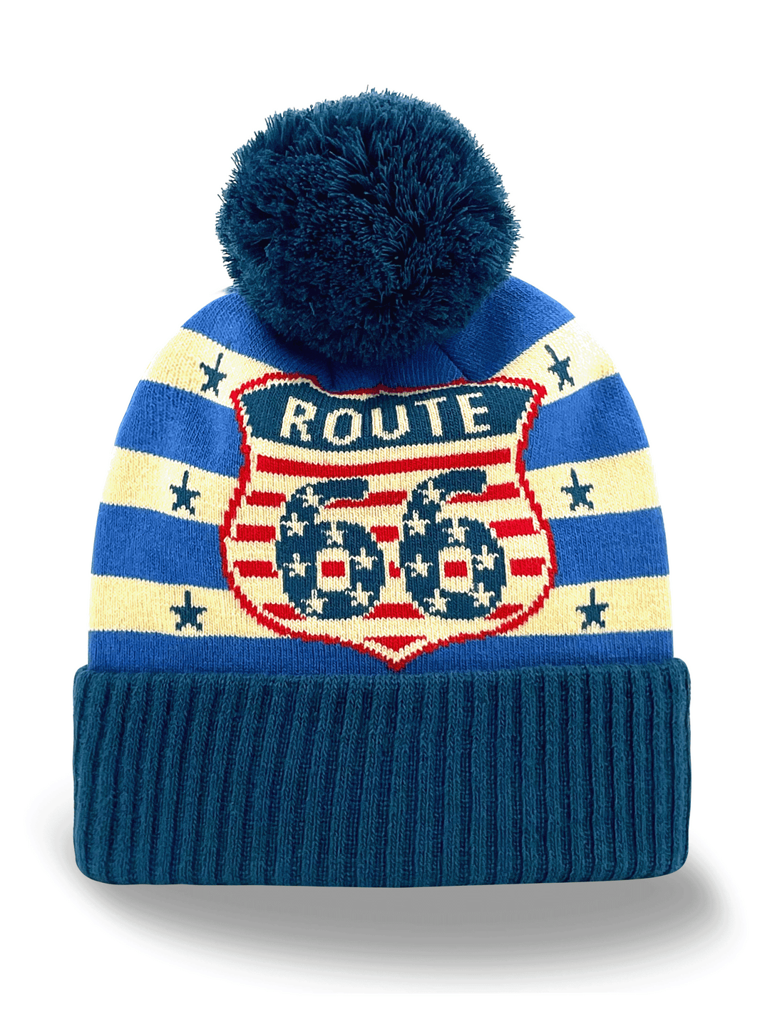 Vintage Route 66 Americana Pom Pom Beanie Hat for Road Trip and Winter Travel