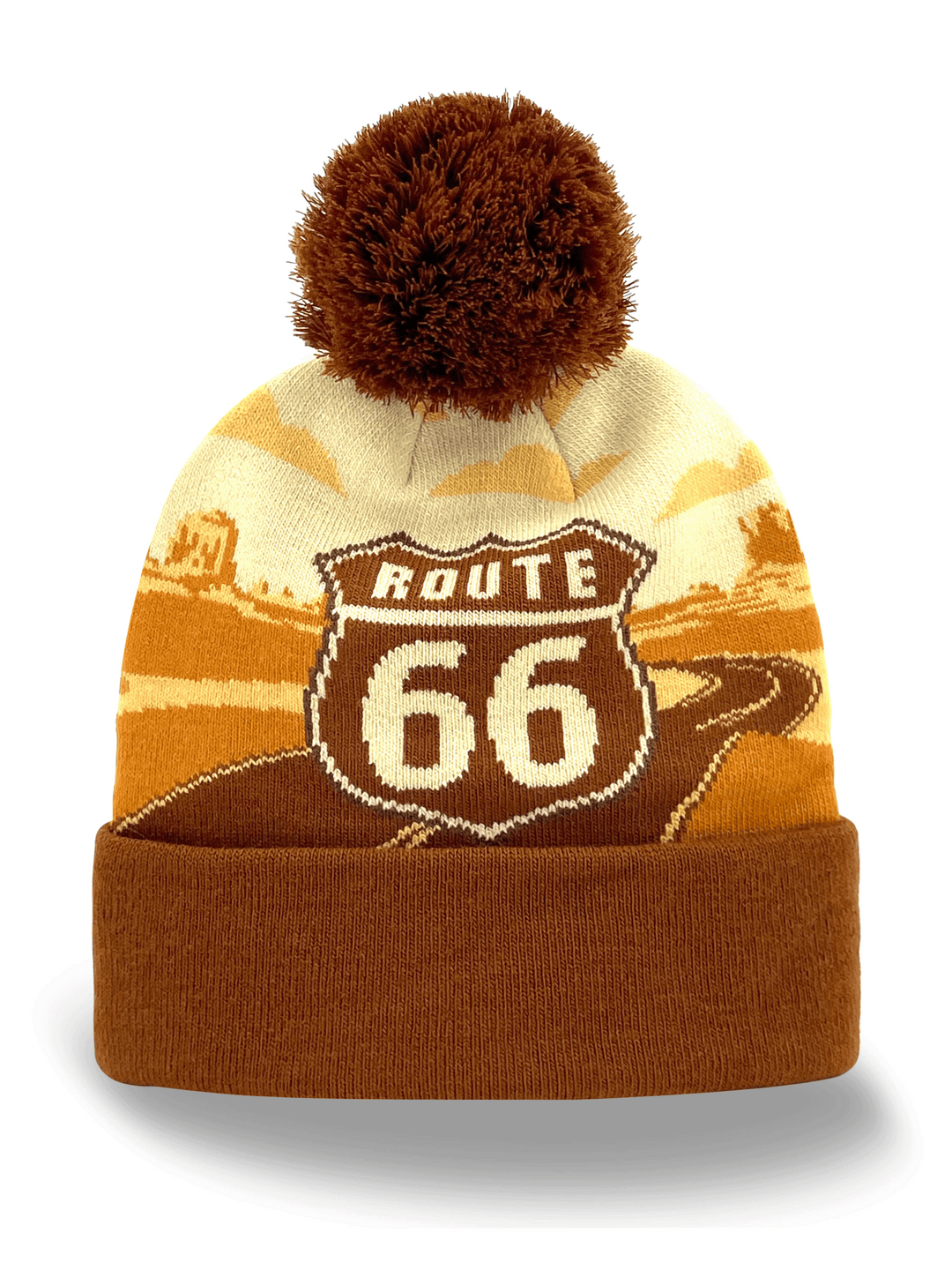Vintage Route 66 Southwestern Desert Sunset Travel Pom Pom Knit Beanie Hat