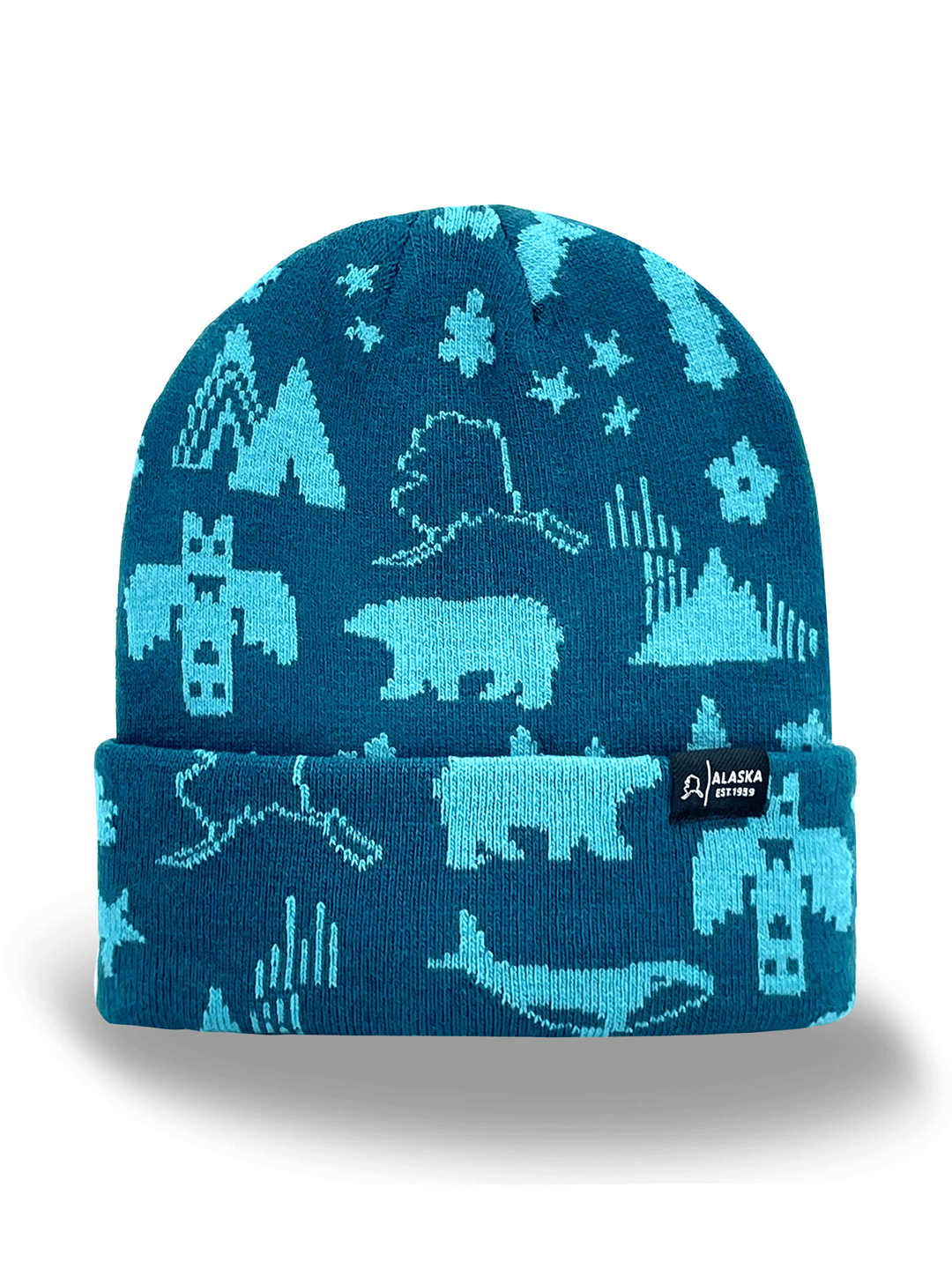 Alaska Knit Beanie Hat with Bear Whale Totem Mountain Pattern Winter Warm Cap