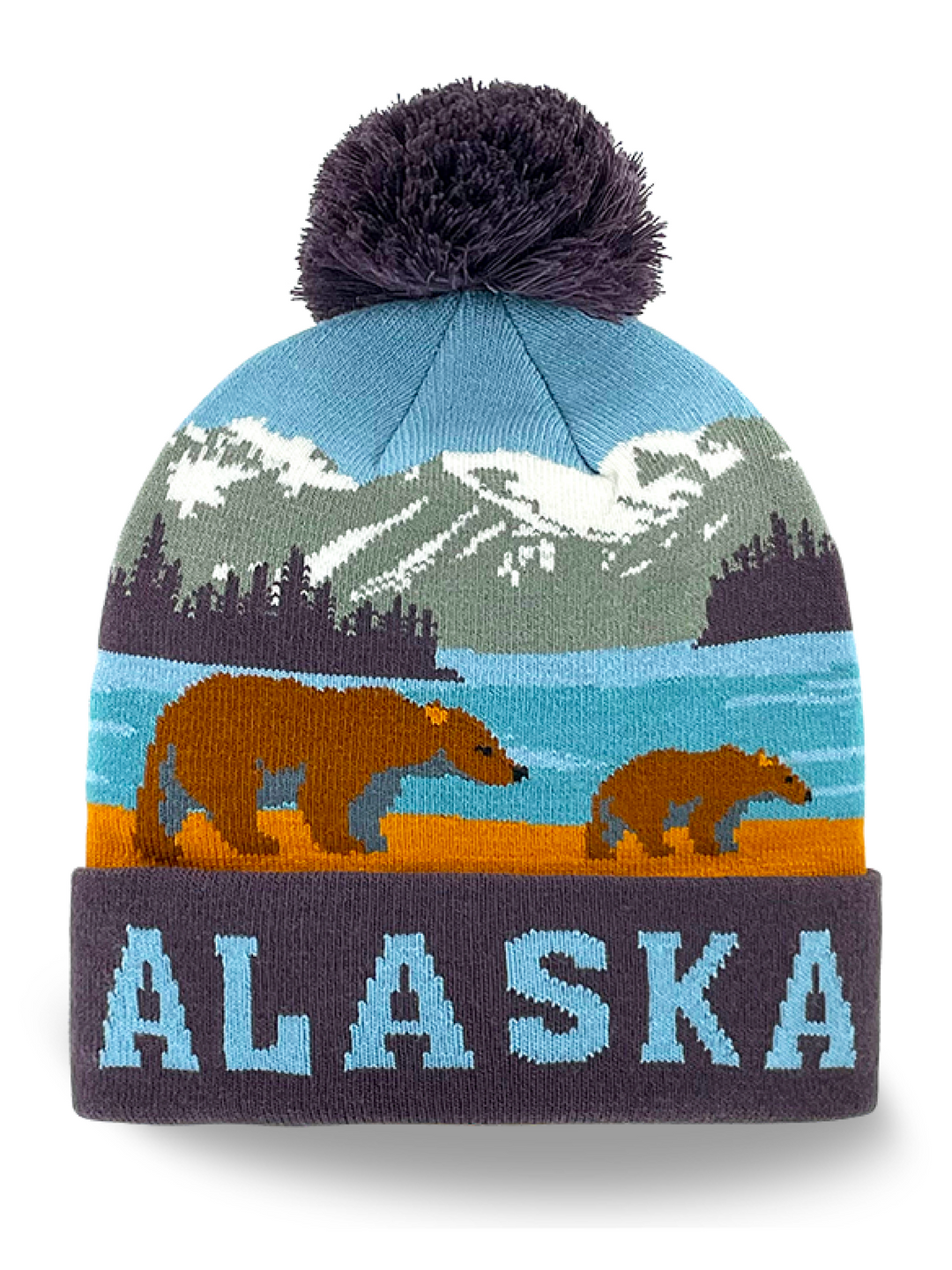 Alaska Bear Family Knit Pom Pom Beanie Hat for Outdoor Travelers