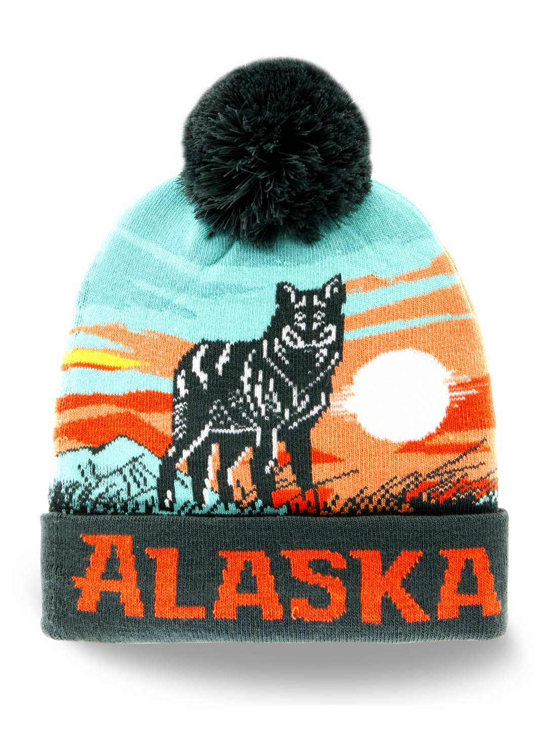 Alaska Wolf and Mountain Sunset Knit Pom Pom Beanie Winter Hat