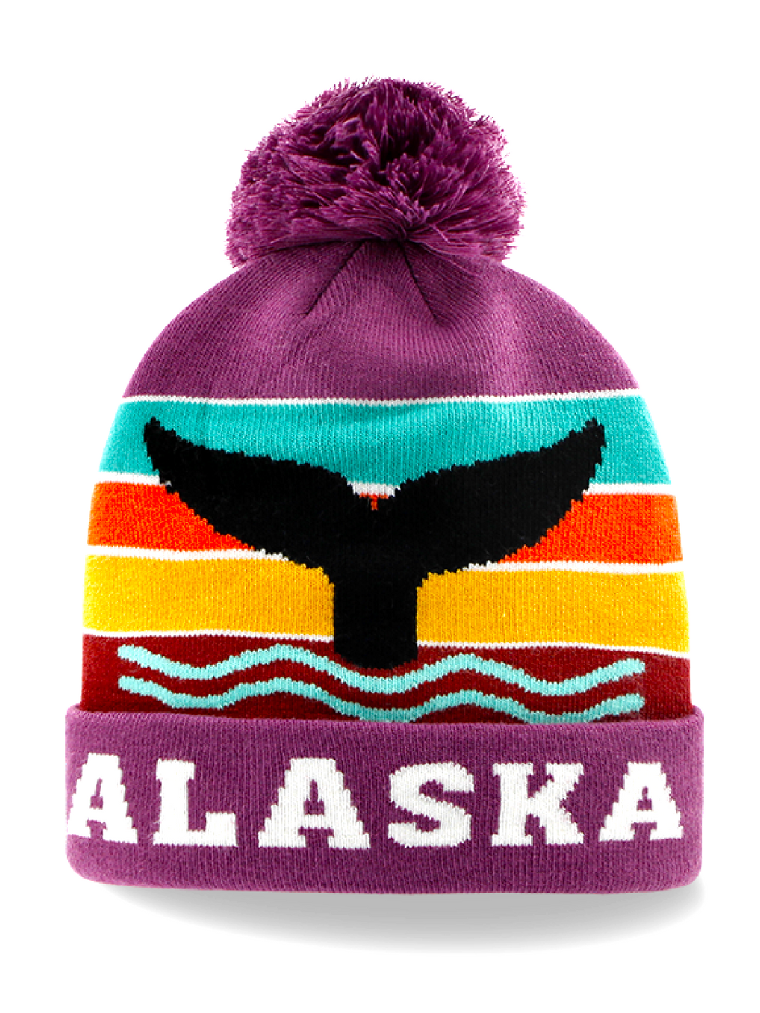 Alaska Whale Tail Knit Beanie Hat with Sunset Stripes and Pom Pom
