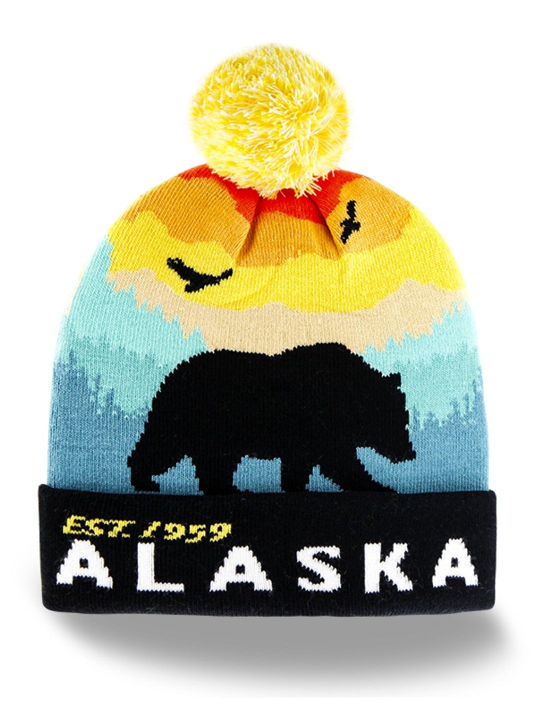 Alaska Bear Knit Beanie Hat with Sunset Sky and Pom Pom