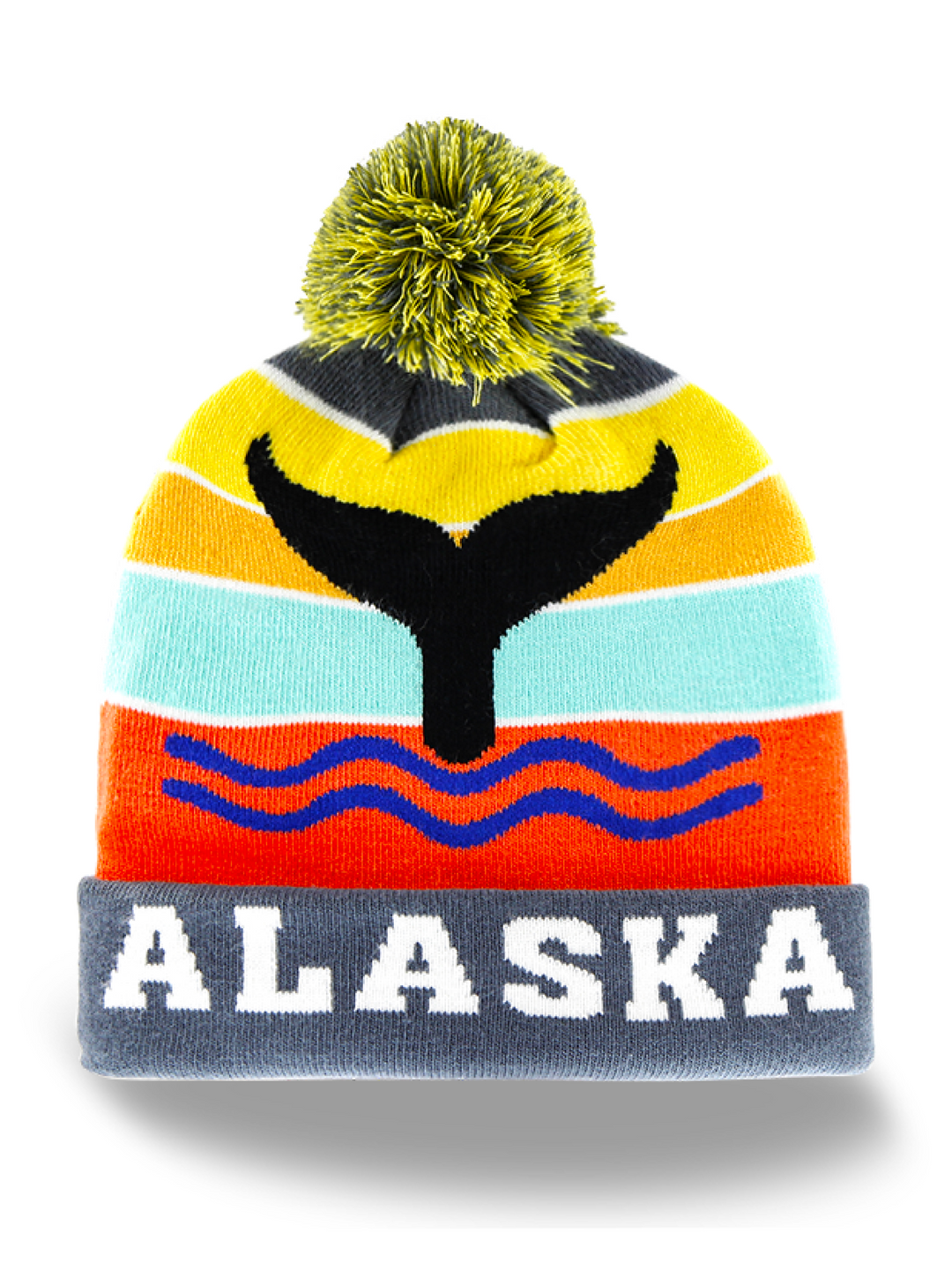 Alaska Marine Life Knit Beanie Hat with Whale Tail and Bold Colors