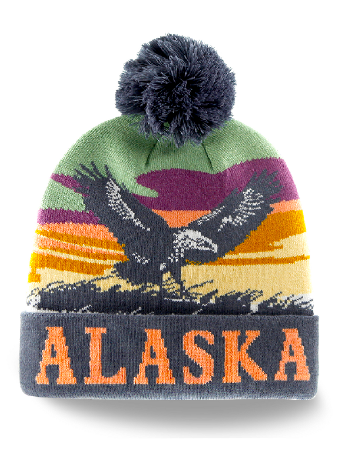 Alaska Wildlife Eagle Knit Beanie Hat with Mountain and Sunset Scene