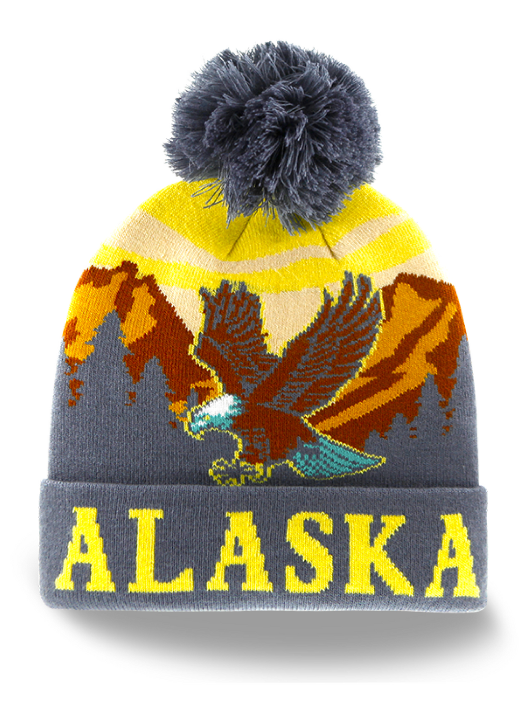 Alaska Bald Eagle Knit Pom Pom Beanie Hat with Mountain Design