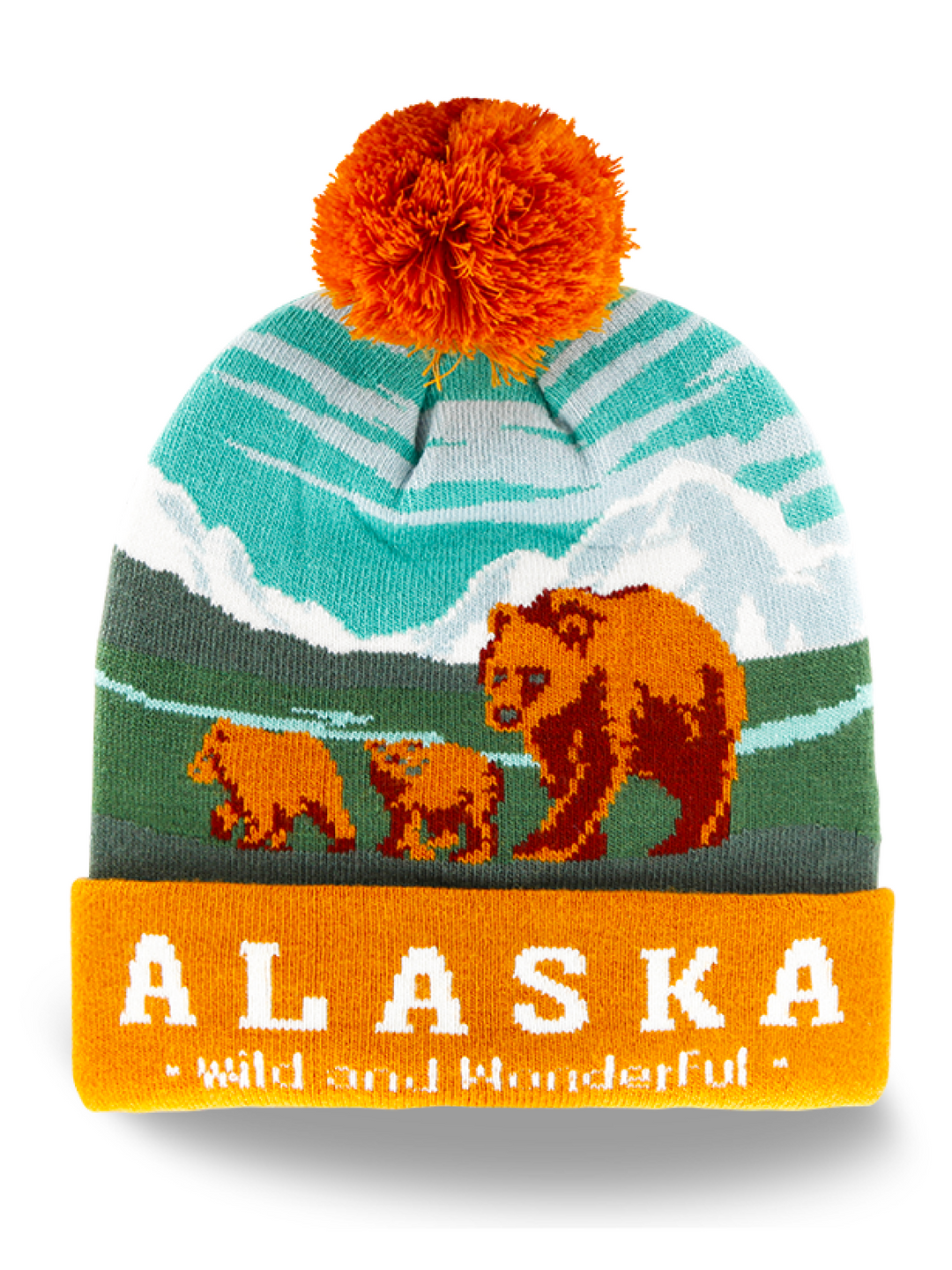 Alaska Wildlife Bear Knit Beanie Hat with Pom Pom Mountain Design