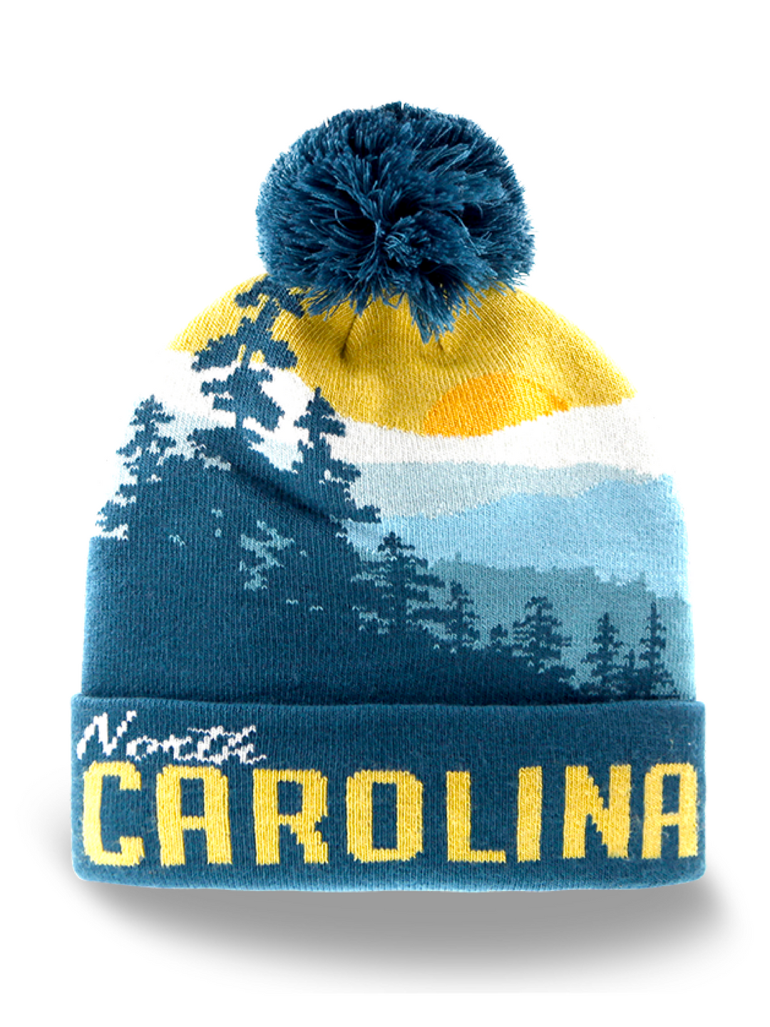 North Carolina Souvenir Knit Beanie Hat with Forest and Sunrise Design