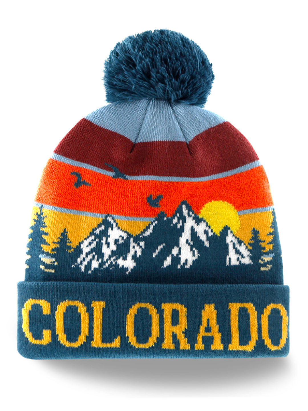 Colorado Mountain Sunset Knit Beanie with Pom Pom Winter Hat