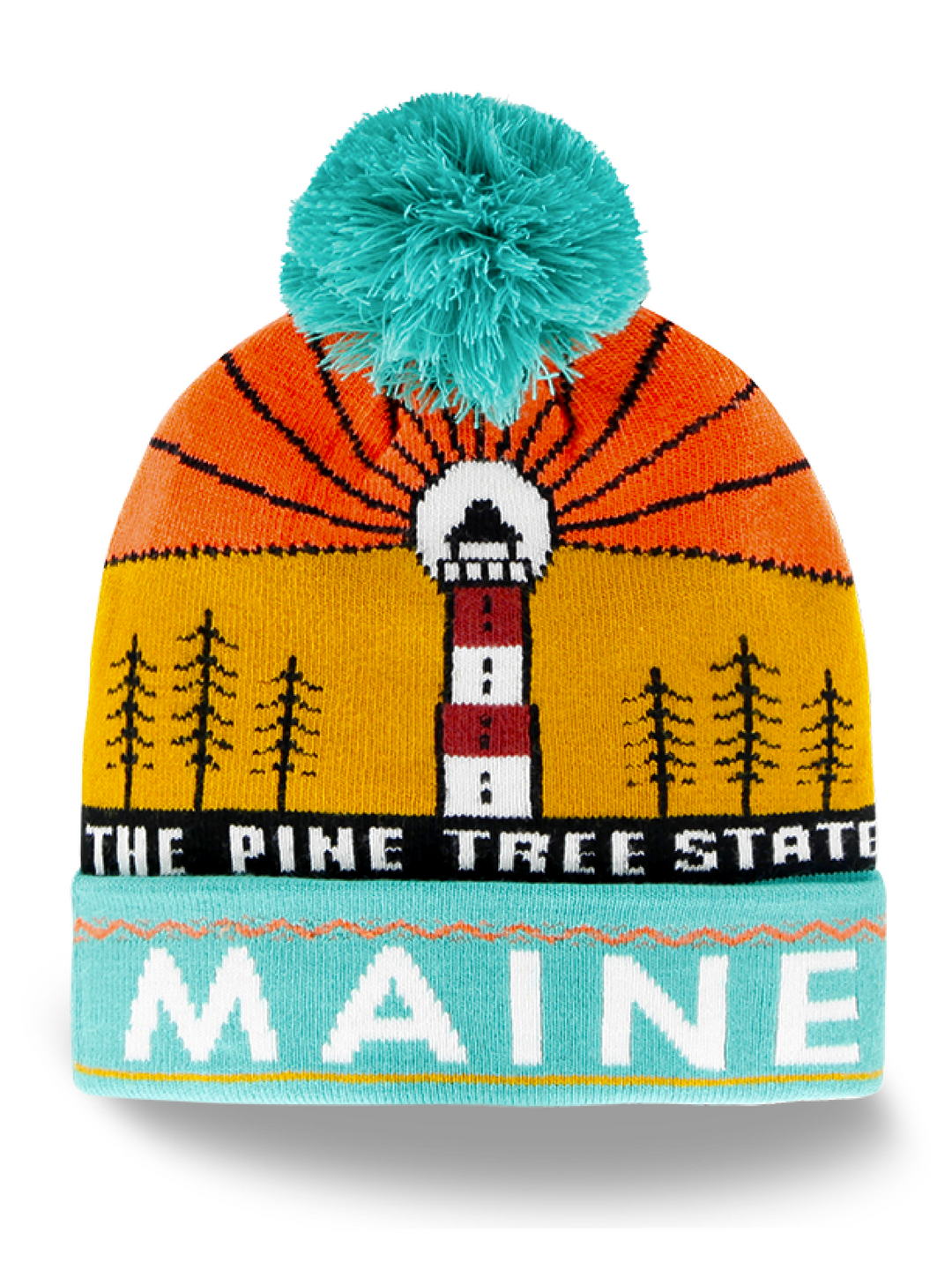 Maine Souvenir Knit Beanie Hat with Pine Tree State Lighthouse Design