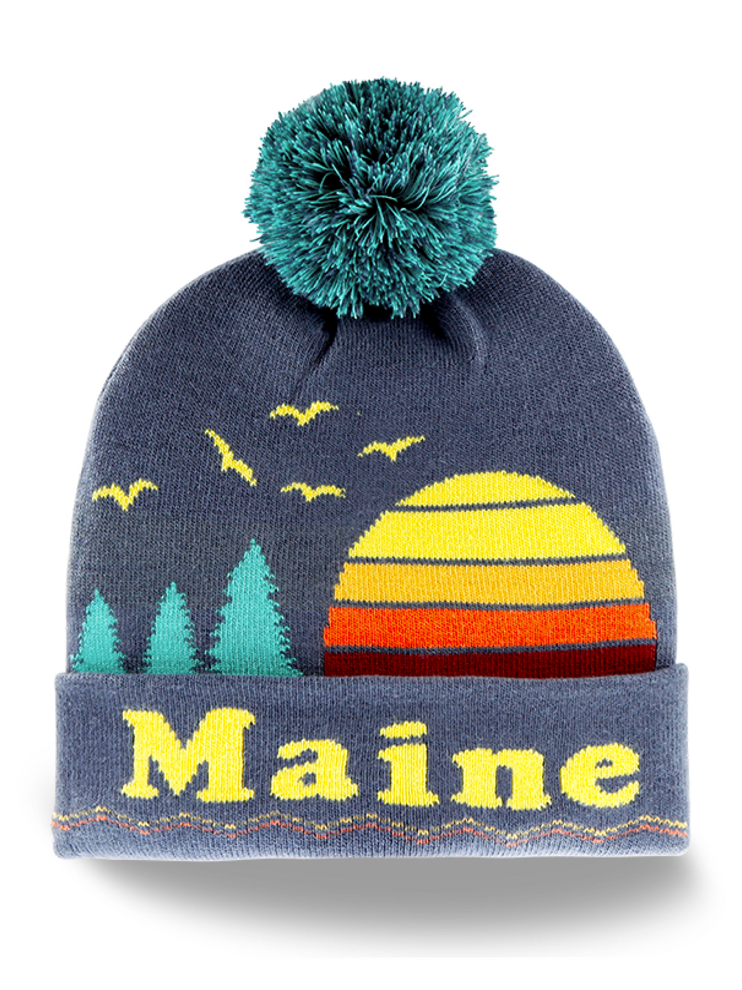 Maine Sunset Forest Knit Beanie Hat with Pom Pom Winter Souvenir