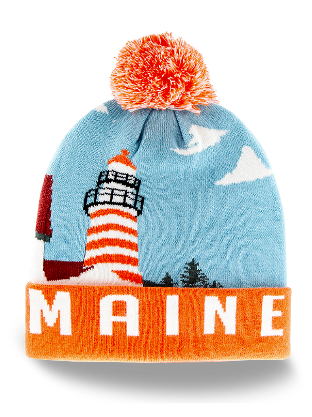 Maine Lighthouse Knit Beanie Hat with Pom Pom Winter Souvenir