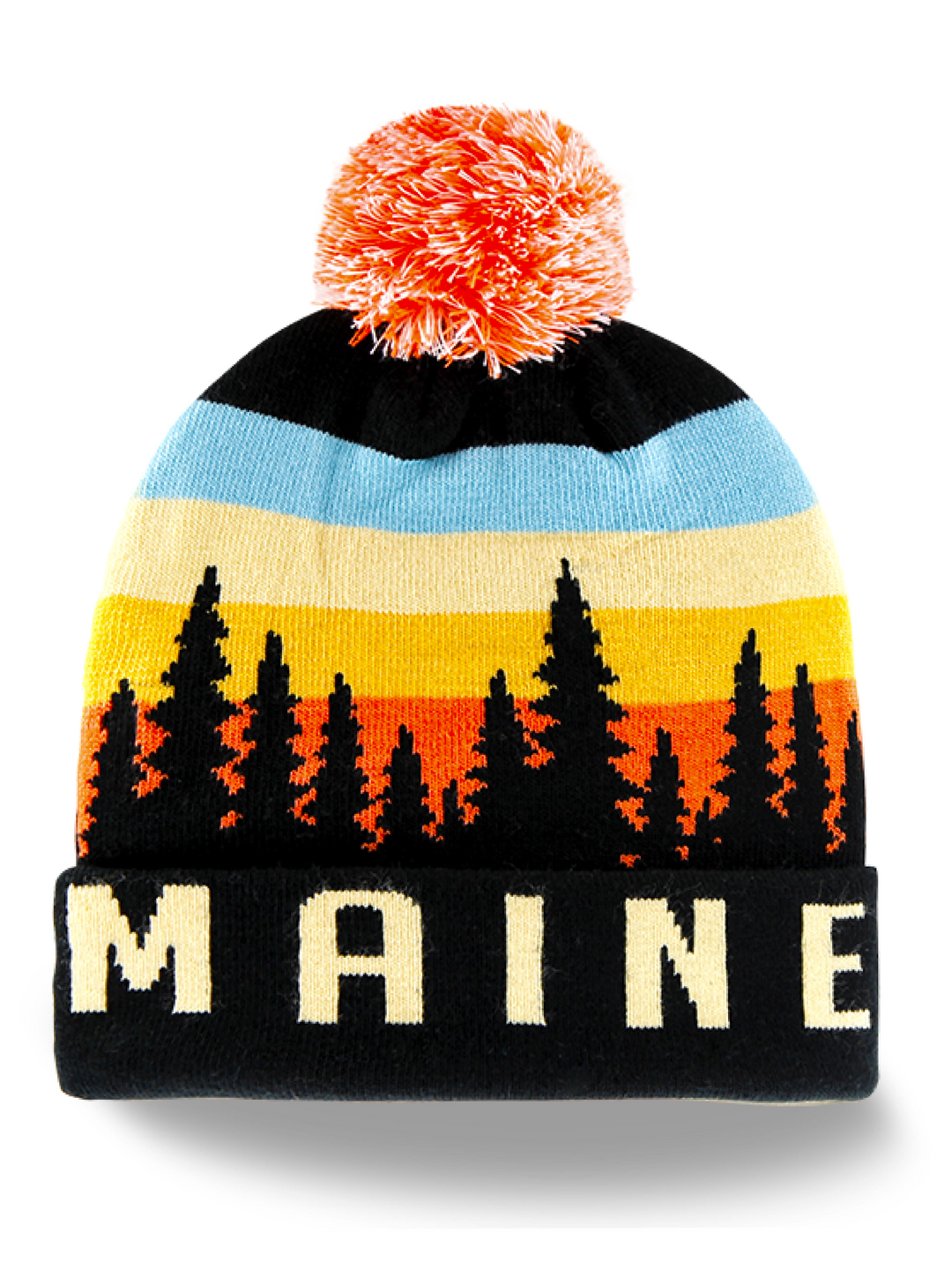 Maine Warm Winter Knit Beanie with Sunset Horizon and Tree Landscape