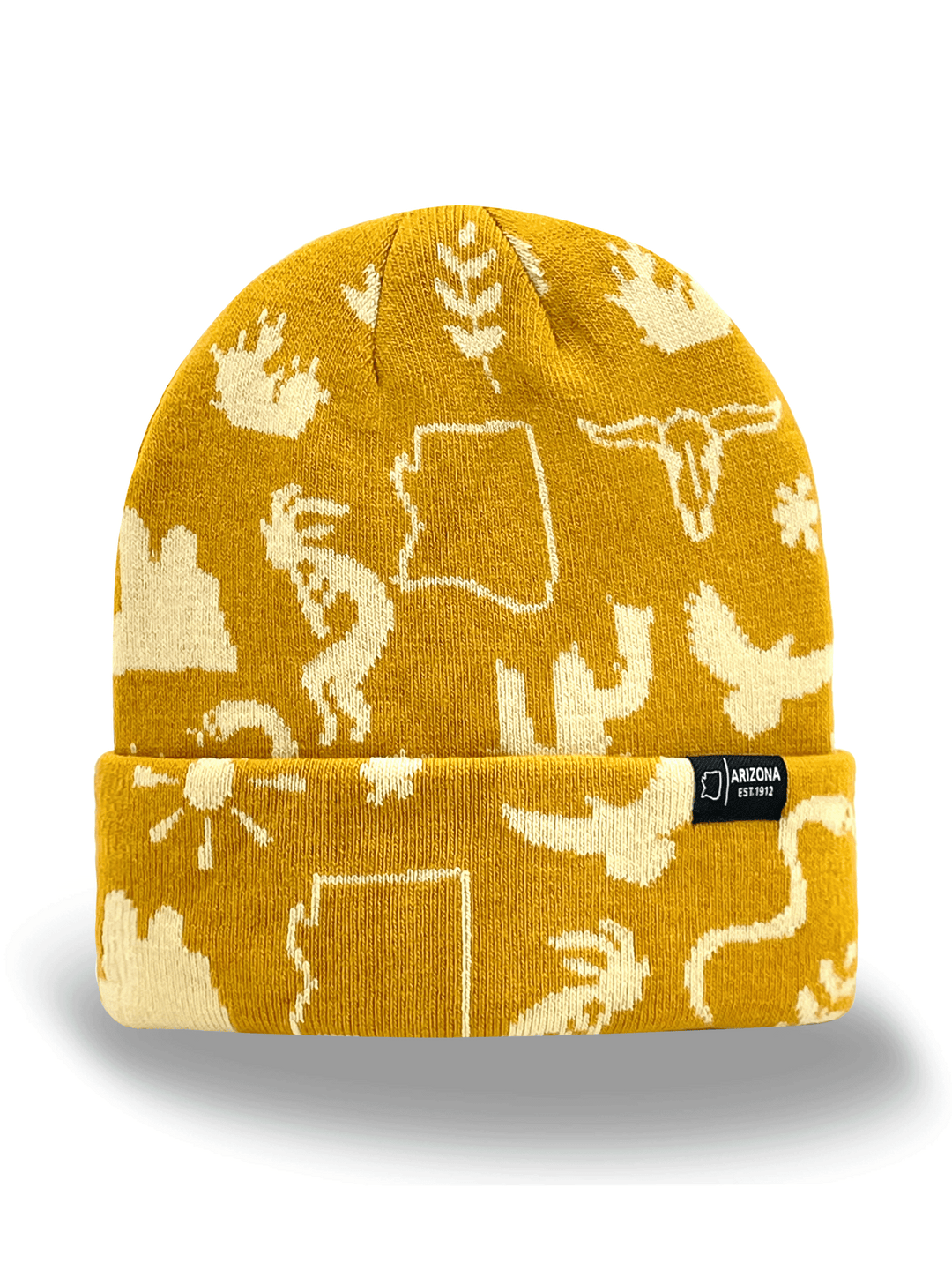 Arizona State Knit Beanie Hat with Cactus, Sun, Lizard, Bull Skull, and Desert Icons