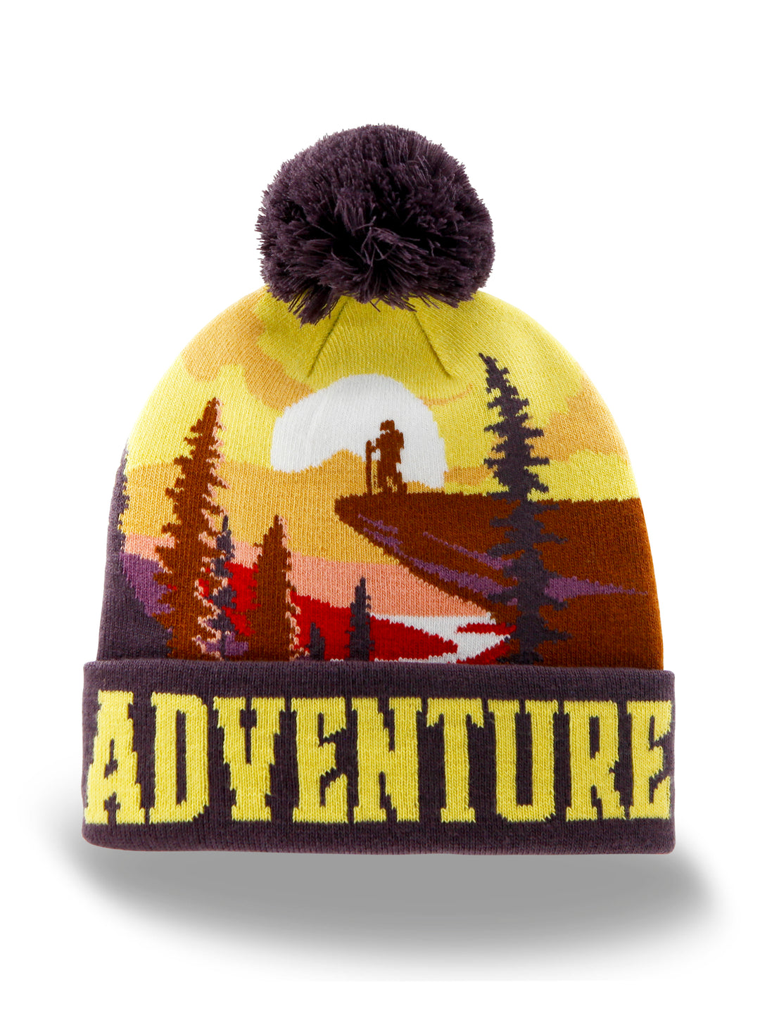 Adventure Beanie Hat with Sunset Hiking Mountain Forest Knit Pom Winter Cap