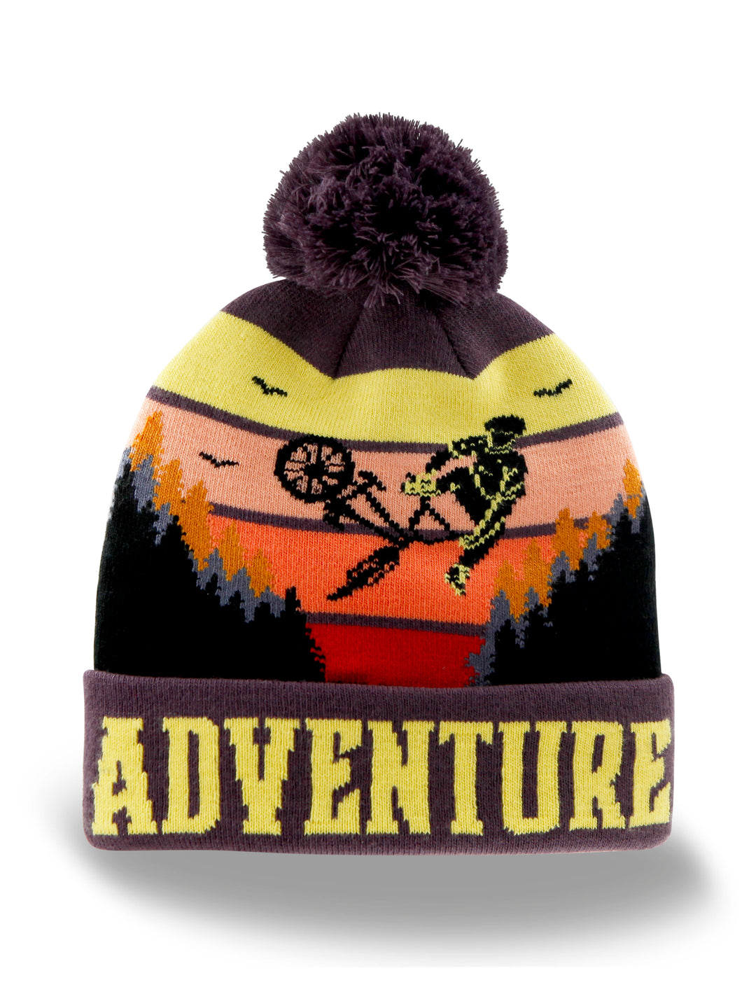 Adventure Beanie Hat Outdoor Cycling Knit Cap with Sunset Forest Pom Pom Winter Design