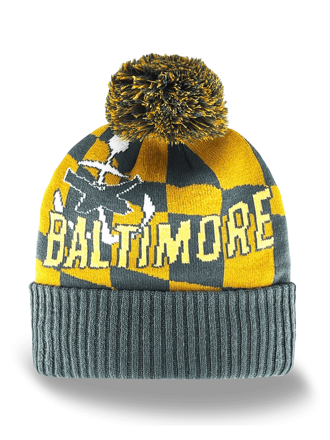 Baltimore Knit Beanie Winter Hat with Checkerboard Crab Design and Pom Pom