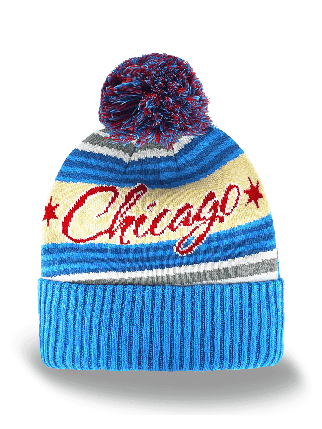 Chicago Knit Beanie Hat with City Skyline Stars Winter Pom Pom Cap