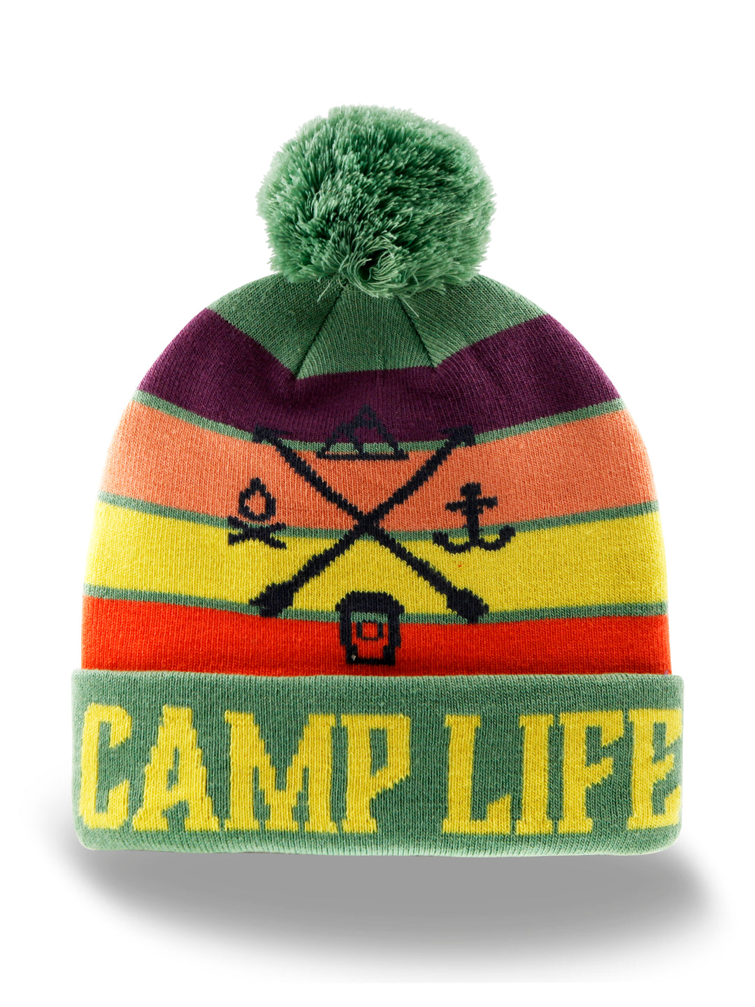 Camp Life Beanie Hat with Striped Knit Outdoor Adventure Pom Winter Cap