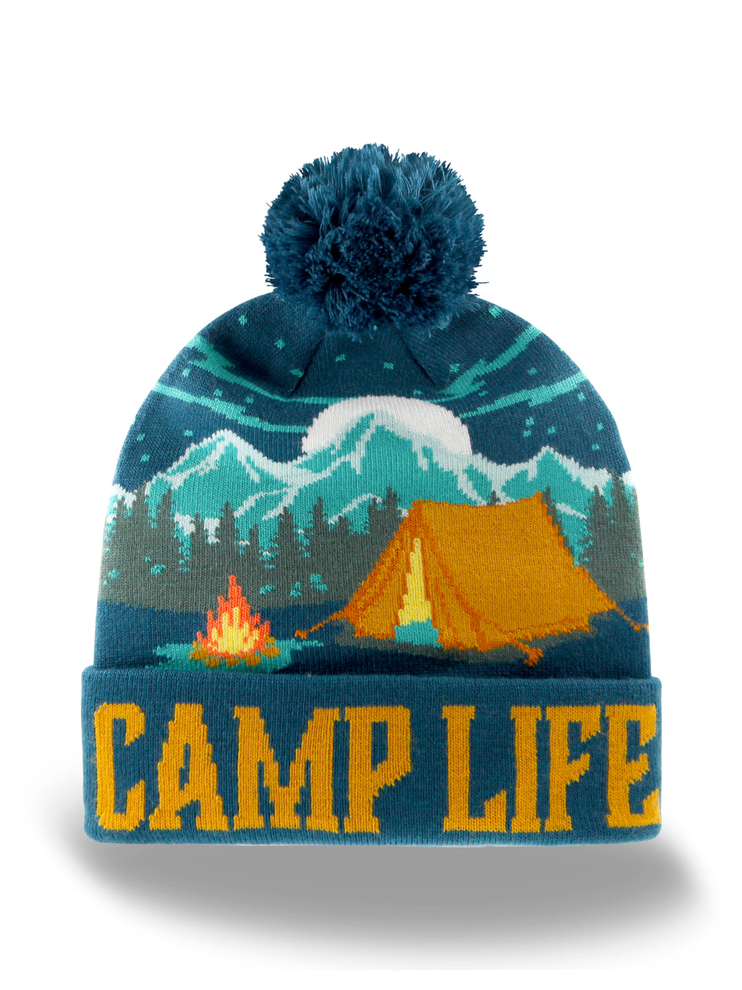 Camp Life Beanie Hat with Tent Bonfire Mountain Winter Knit Pom
