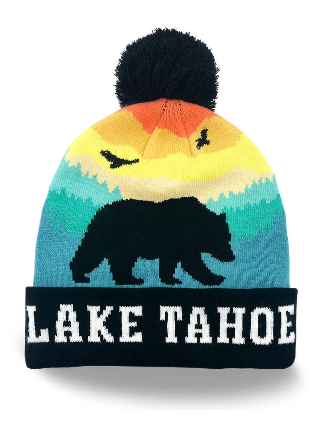 Lake Tahoe Bear Knit Beanie with Sunset Mountain Design and Pom Pom Winter Hat
