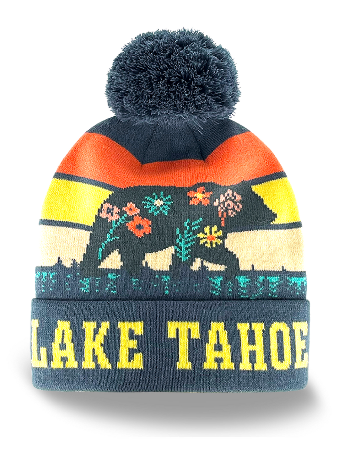 Lake Tahoe Bear Adventure Pom Pom Knit Beanie for Outdoor Lovers