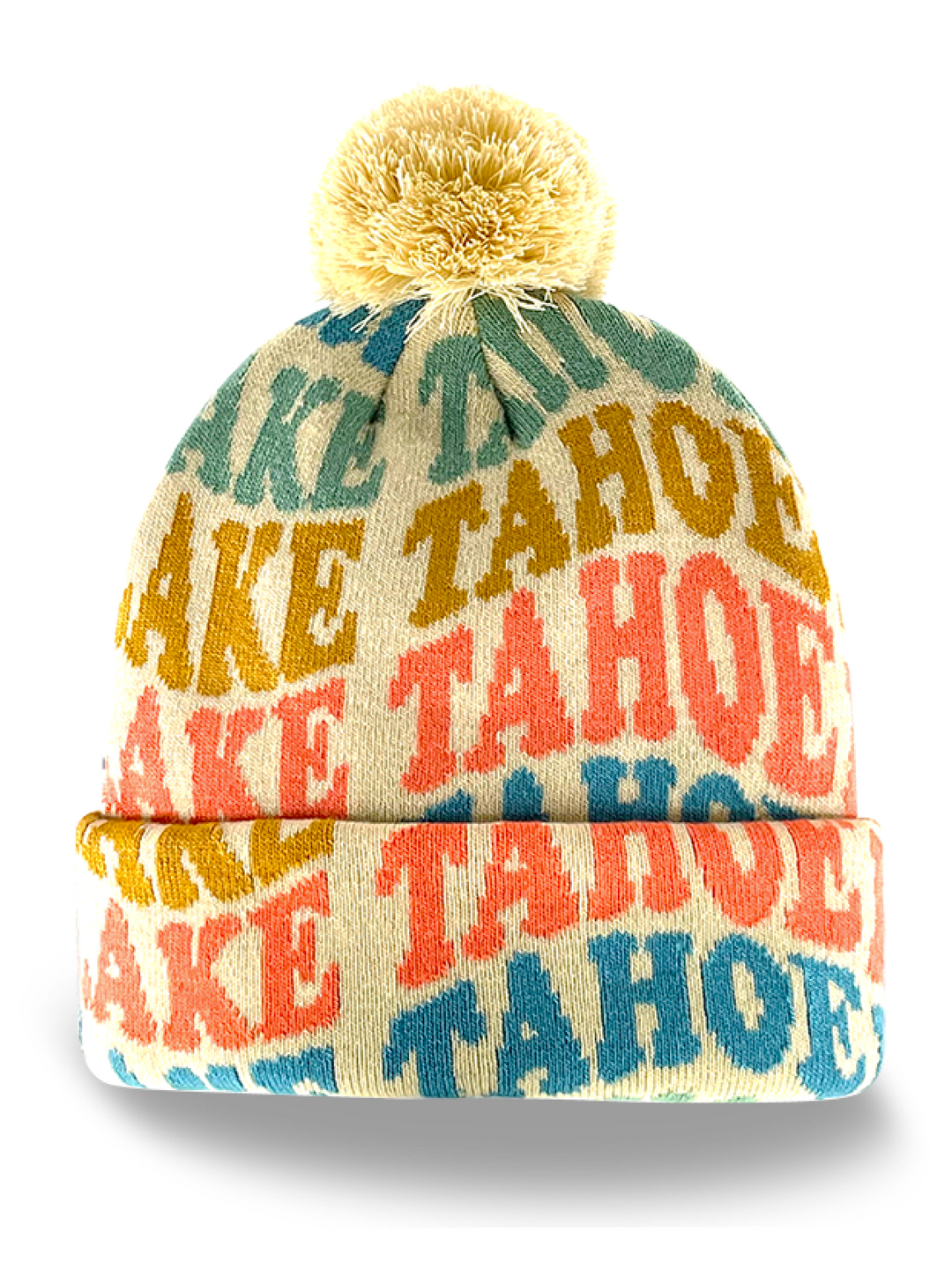 Lake Tahoe Retro Letter Knit Beanie with Pom Pom Winter Travel Souvenir Hat