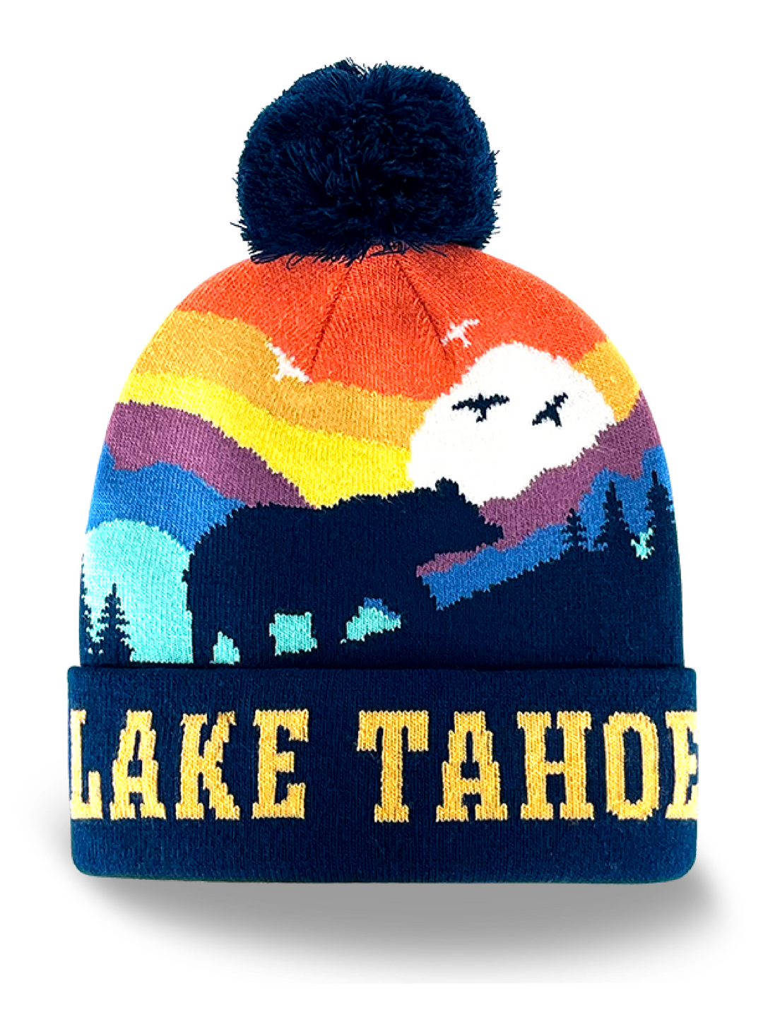 Lake Tahoe Bear Mountain Sunset Pom Pom Knit Beanie Winter Souvenir Hat