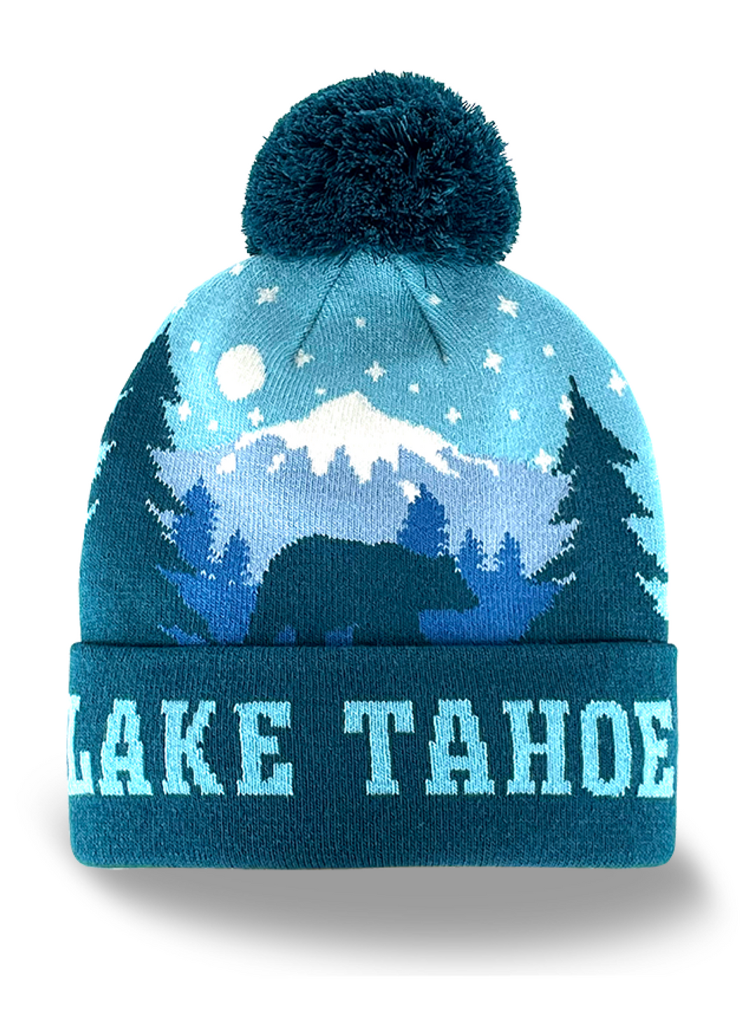 Lake Tahoe Bear Night Scenic Knit Beanie with Pom Pom Outdoor Adventure Hat