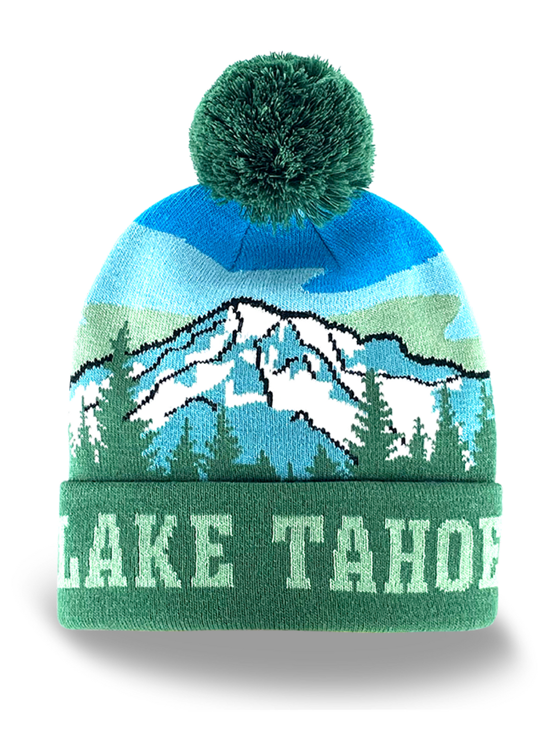 Lake Tahoe Snowy Mountain Knit Beanie with Pom Pom Winter Hat