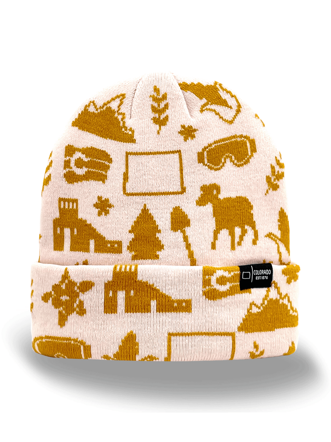Colorado State Knit Beanie Hat with Mountains, Ski Goggles, Dinosaur, Snowflake, and Outdoor Icons