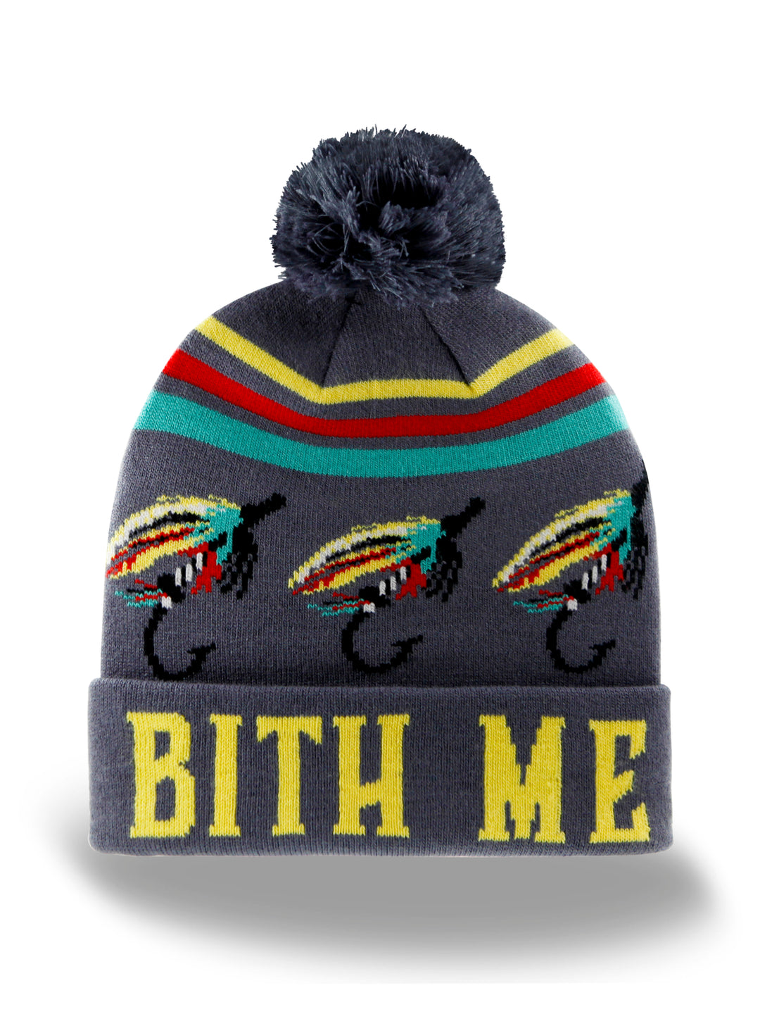 Fly Fishing Knit Beanie with Pom Pom, Winter Hat with Lure Pattern for Anglers