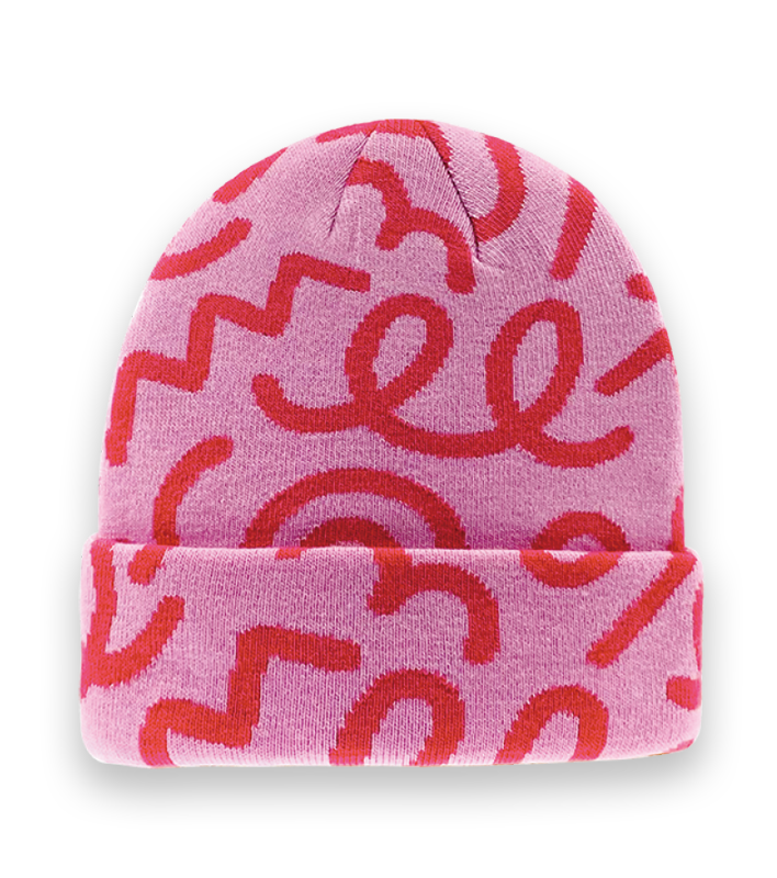 Pink Abstract Line Knit Beanie Hat – Red Pattern Retro Winter Warm Unisex Accessory-NI60001