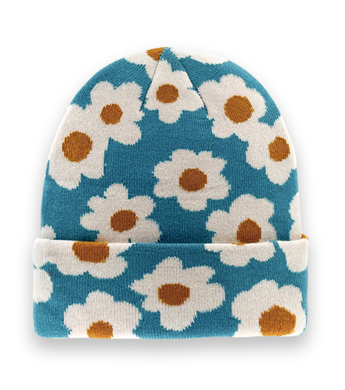 Blue Daisy Floral Knit Beanie Hat – Retro Winter Warm Unisex Fashion Accessory-NI60010