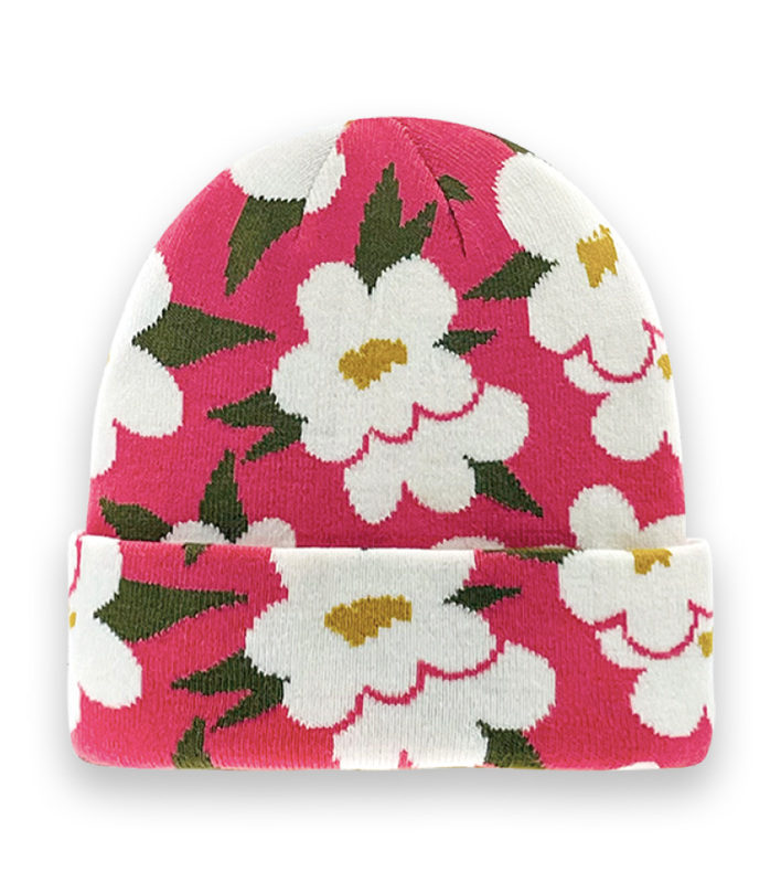Pink Floral Knit Beanie Hat – Bold White Flower Winter Warm Unisex Fashion Accessory-NI60013