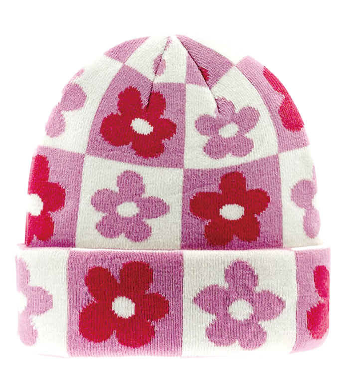 Pink Checkerboard Floral Knit Beanie Hat – Retro Winter Warm Unisex Fashion Accessory-NI60014