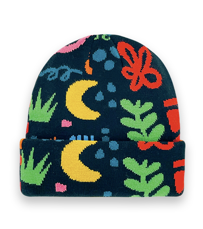 Abstract Colorful Knit Beanie Hat with Moon, Butterfly, and Leaf Patterns for Winter Style-NI60017