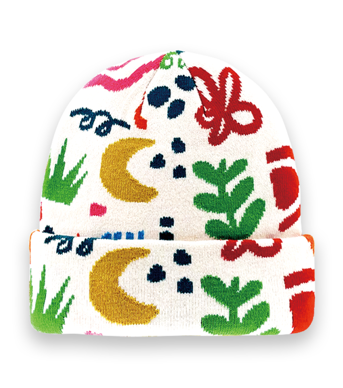Abstract Colorful Knit Beanie Hat with Moon, Floral, and Leaf Patterns for Winter Style-NI60018