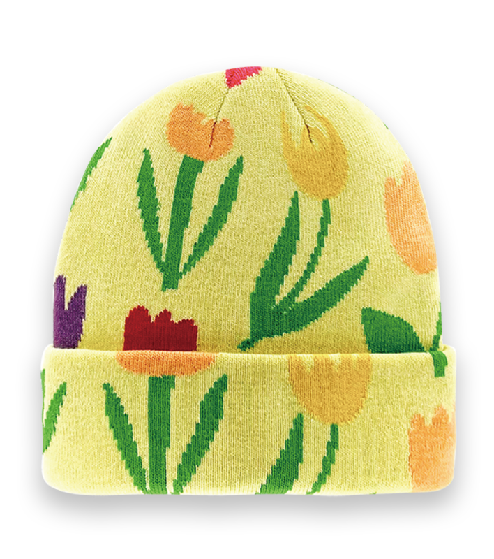Yellow Tulip Floral Knit Beanie Hat for Winter Warmth, Retro Style, and Streetwear Fashion-NI60019