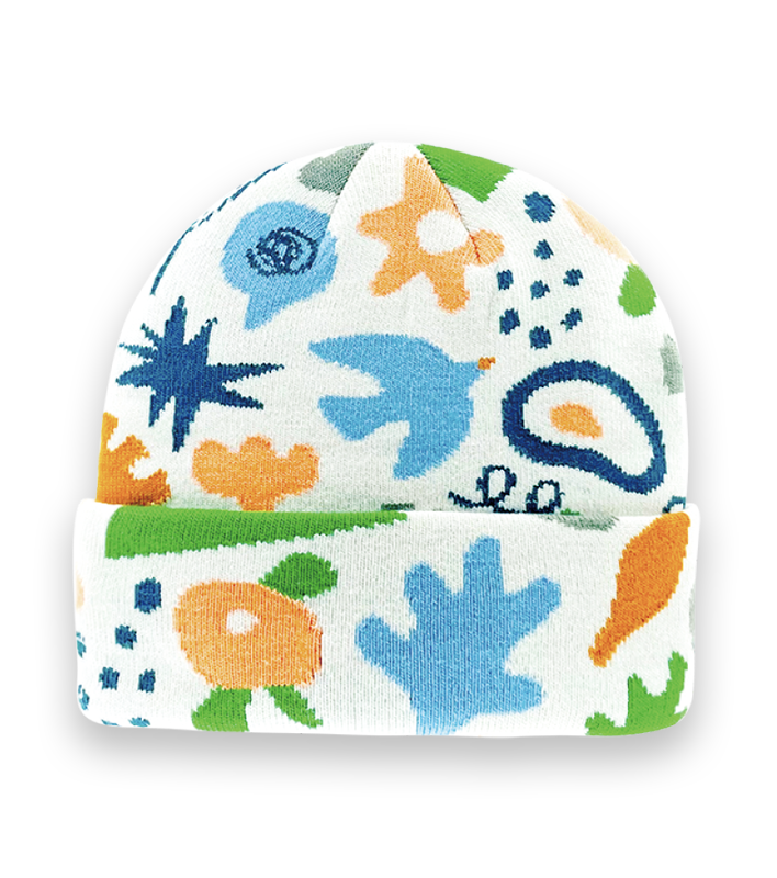 Abstract Nature Knit Beanie Hat with Colorful Birds and Floral Patterns for Winter Style-NI60020