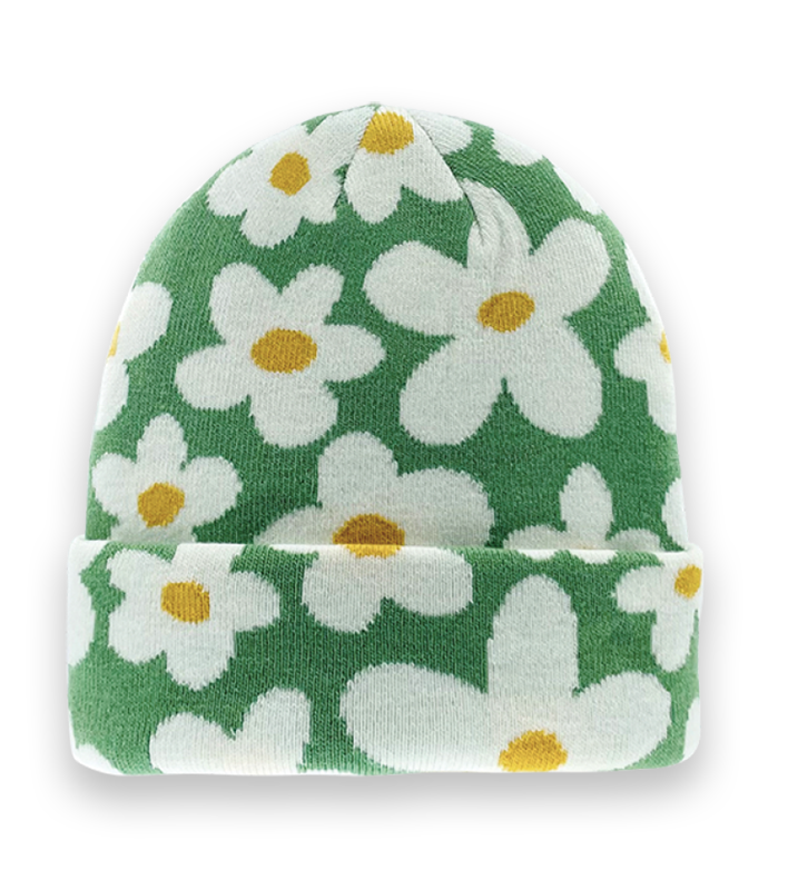 Green Daisy Floral Knit Beanie Hat for Winter Warmth, Retro Style, and Casual Fashion-NI60023