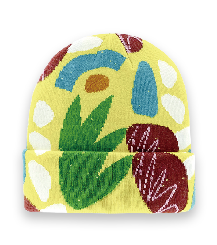Yellow Floral Knit Beanie Hat for Winter Warmth, Colorful Retro Style, and Streetwear-NI60026
