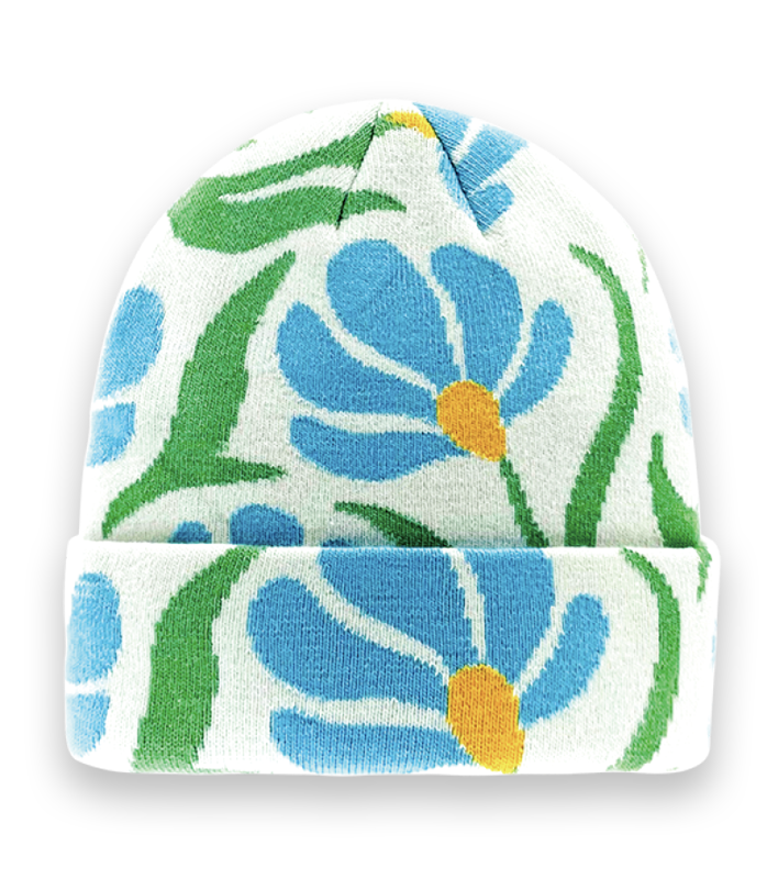 Blue Floral Knit Beanie Hat for Winter Warmth, Cozy Style, and Casual Streetwear-NI60028