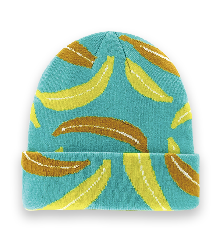 Blue Banana Pattern Knit Beanie Hat – Fun Fruit Design Unisex Winter Streetwear-NI60030