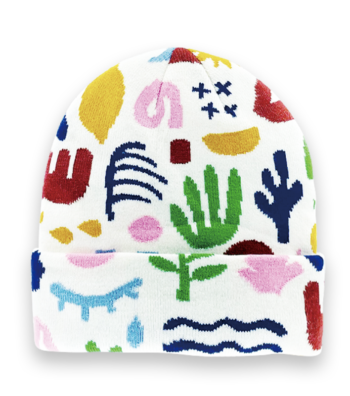 White Colorful Abstract Pattern Knit Beanie Hat – Unisex Winter Artistic Streetwear-NI60031