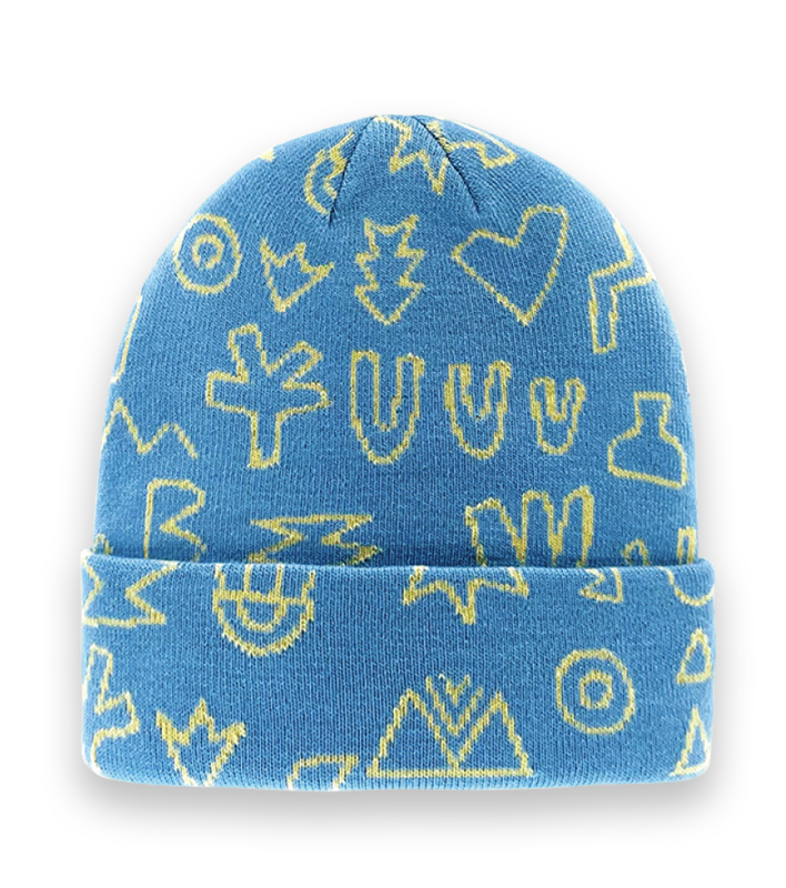 Blue Abstract Symbol Pattern Knit Beanie Hat – Unisex Winter Artistic Streetwear-NI60032