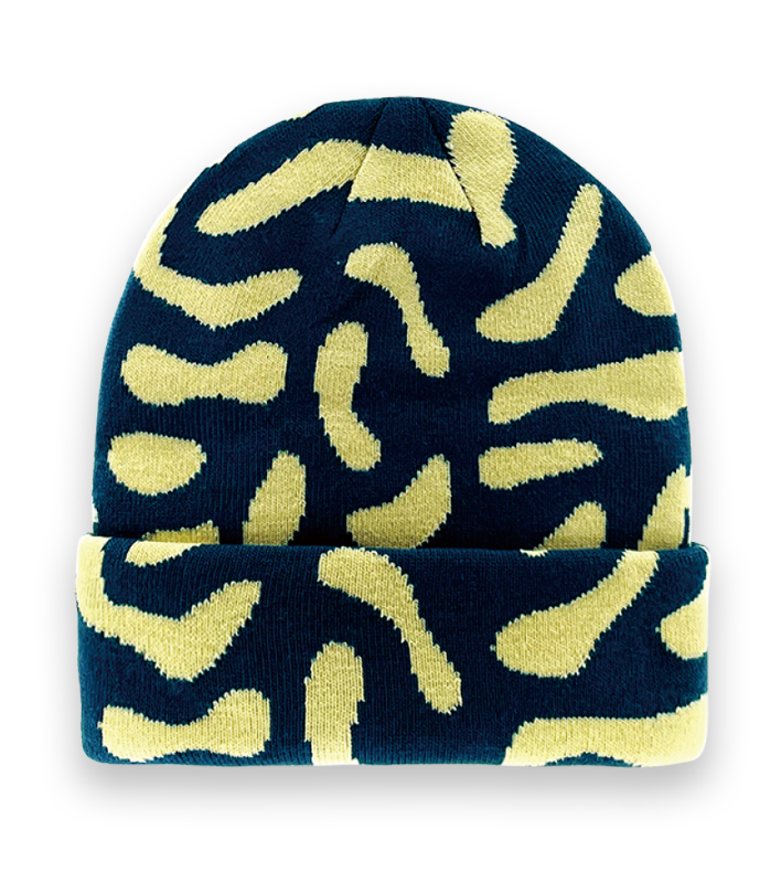 Navy Abstract Yellow Pattern Knit Beanie Hat – Unisex Winter Artistic Streetwear-NI60036