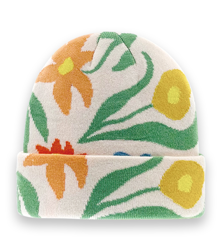 Colorful Floral Pattern Knit Beanie Hat – Unisex Winter Artistic Streetwear-NI60040