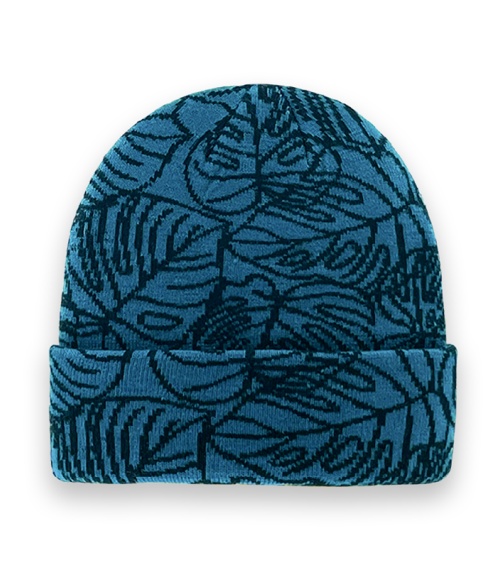 Blue Leaf Pattern Knit Beanie Hat – Unisex Winter Botanical Streetwear-NI60042